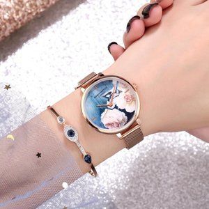 Women Watch Stainless Steel Flower Wrist Watch